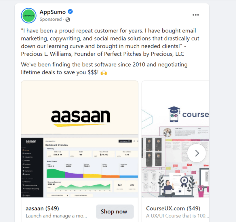 AppSumo Facebook Collection Ads Example, an example of mastering facebook ad formats