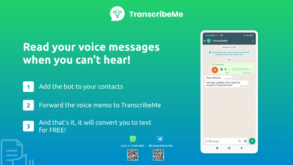 TranscribeMe, Transcribing audio to text on whatsapp and telegram for free