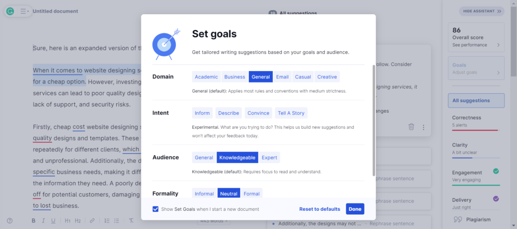 set goals in Grammarly while writing contents for your website.